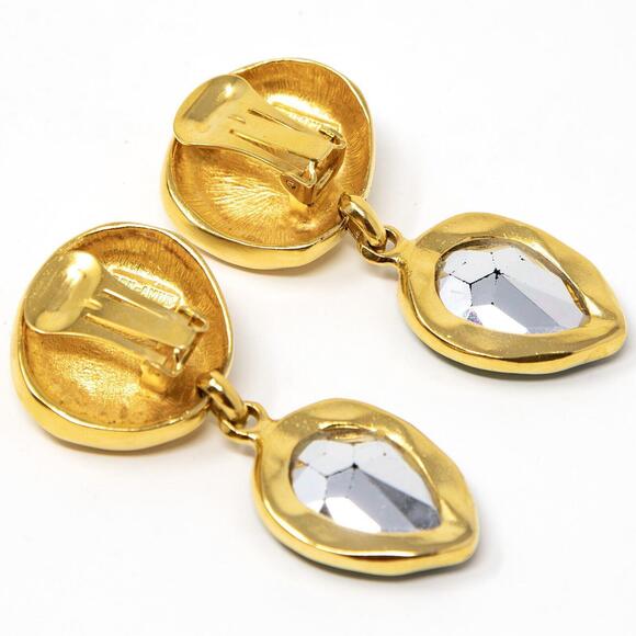 Vintage Ben-Amun Gold Tone Metal Blue Green Faceted Stone Clip On Earrings 2“ - Picture 7 of 9